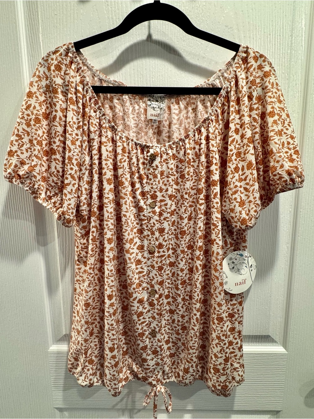 NWT Naif XL Rust Floral Button Front Peasant Blouse Boho Puff Sleeve Top